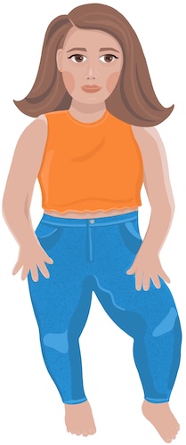 Rysunek niskorosłej kobiety w pomarańczowej koszulce i dżinsach.